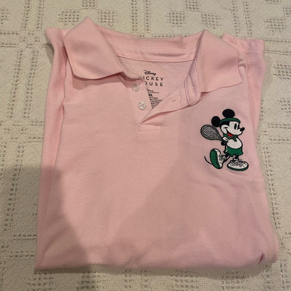 Disney Men’s Mickey Mouse Classic Pink Knit Polo Golf Shirt embroidered Size XL